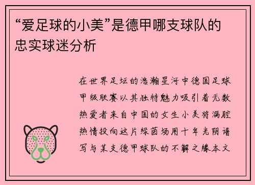 “爱足球的小美”是德甲哪支球队的忠实球迷分析